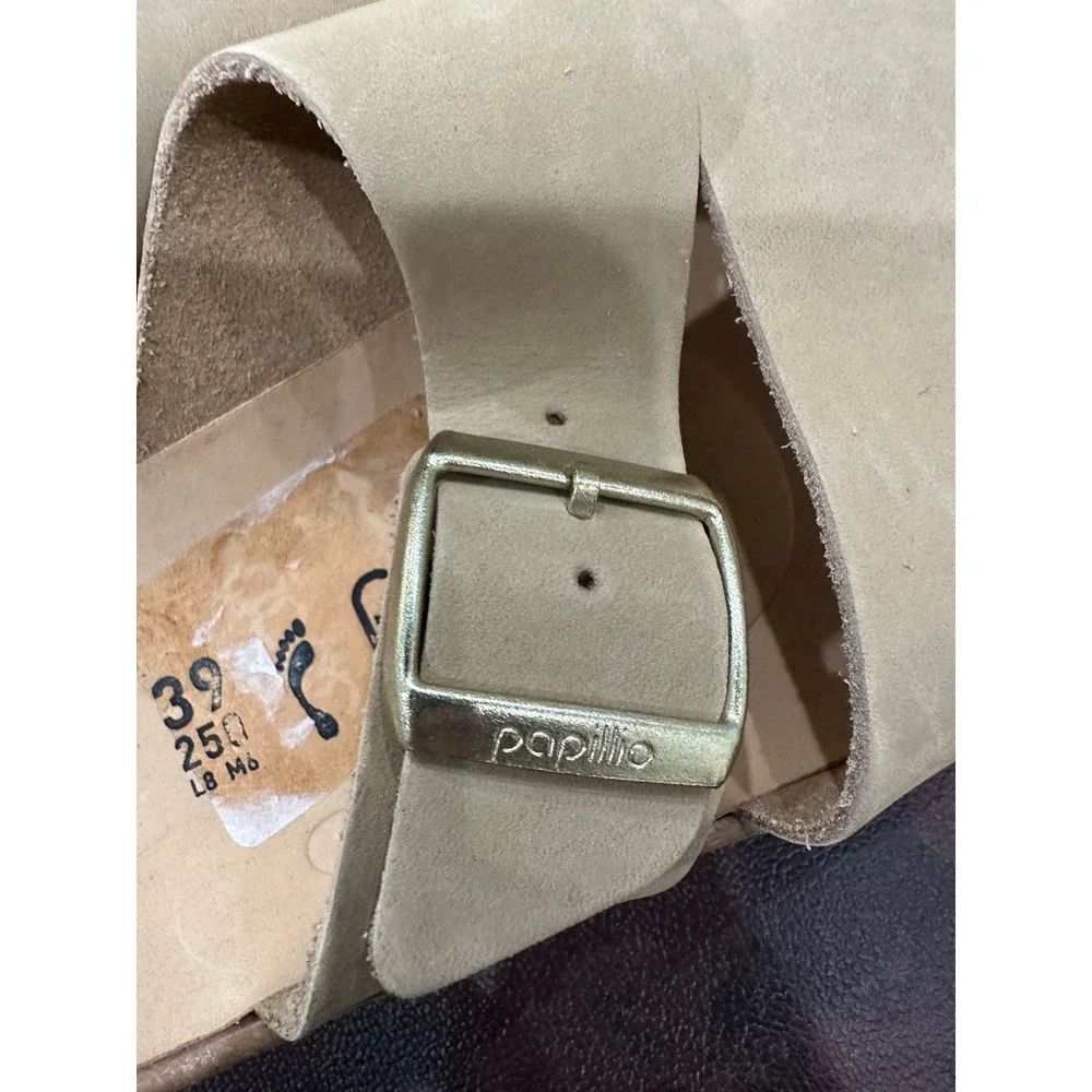 Papillio by Birkenstock Tan Nubuck Platform Slide Sandals Gold Buckle Size 39